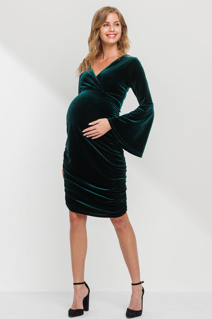 Hunter Green V-Neck Bell Sleeve Maternity Dress *NURSING FRIENDLY*