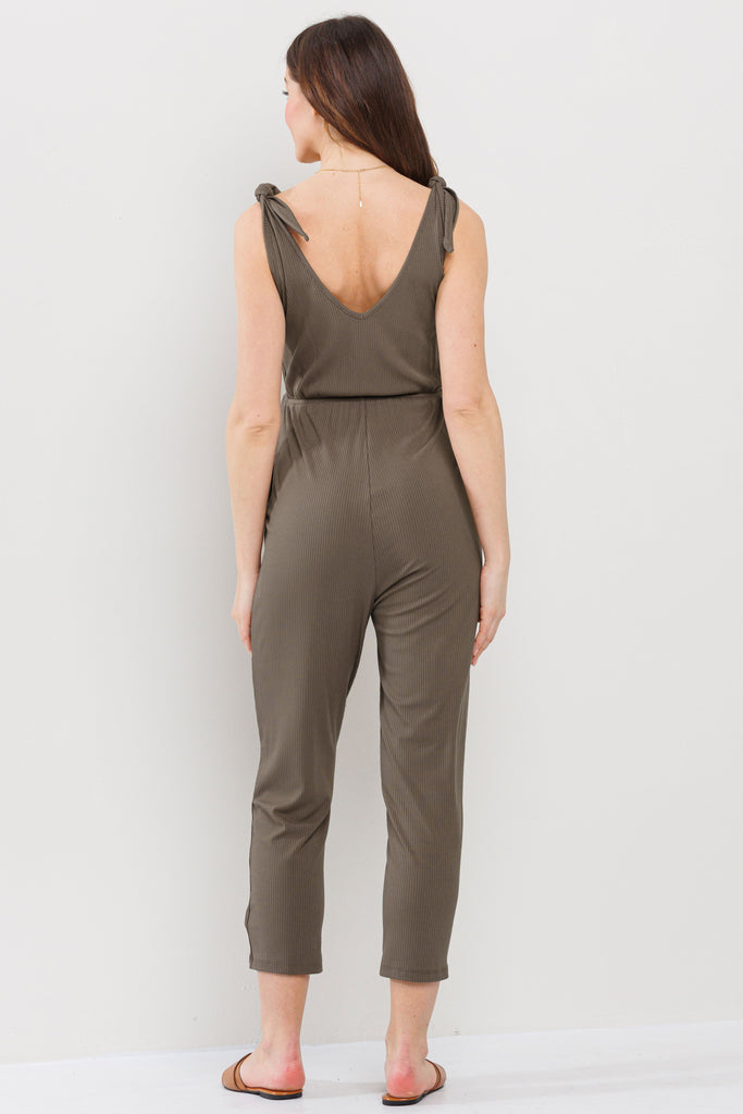 Khaki Adjustable Tie-Sleeve Maternity Jumpsuit