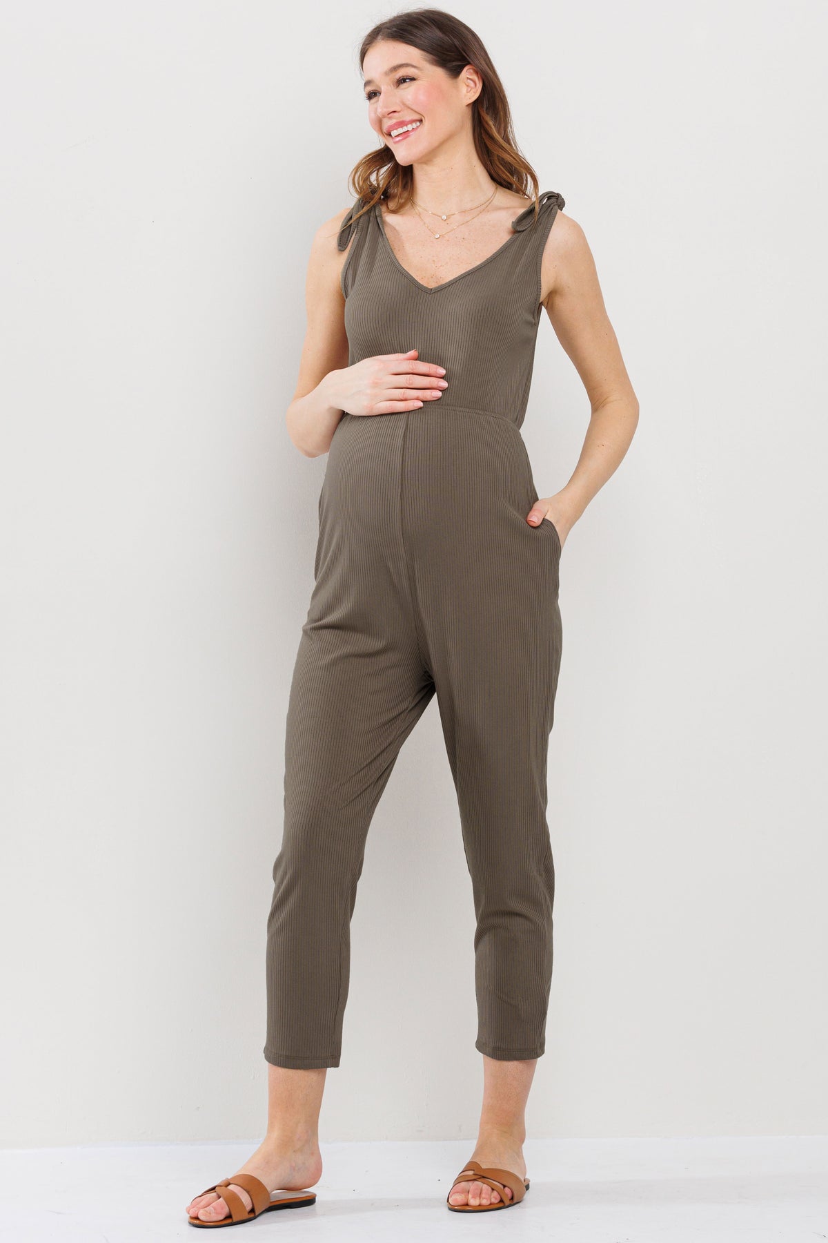 Khaki Adjustable Tie-Sleeve Maternity Jumpsuit