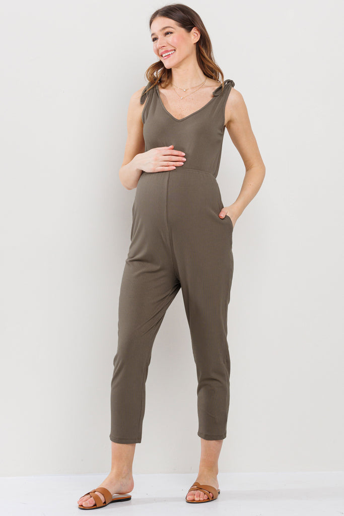 Khaki Adjustable Tie-Sleeve Maternity Jumpsuit