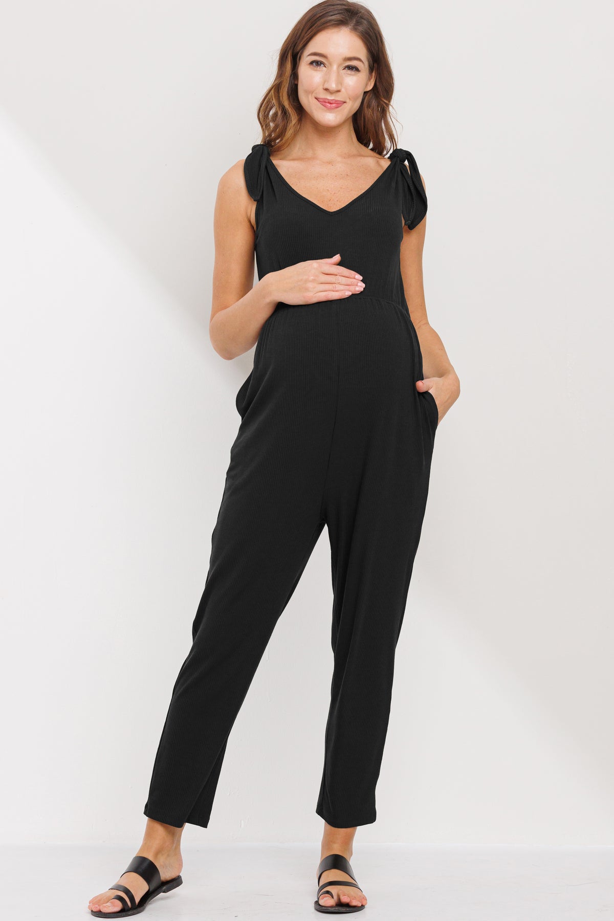 Black Adjustable Tie-Sleeve Maternity Jumpsuit