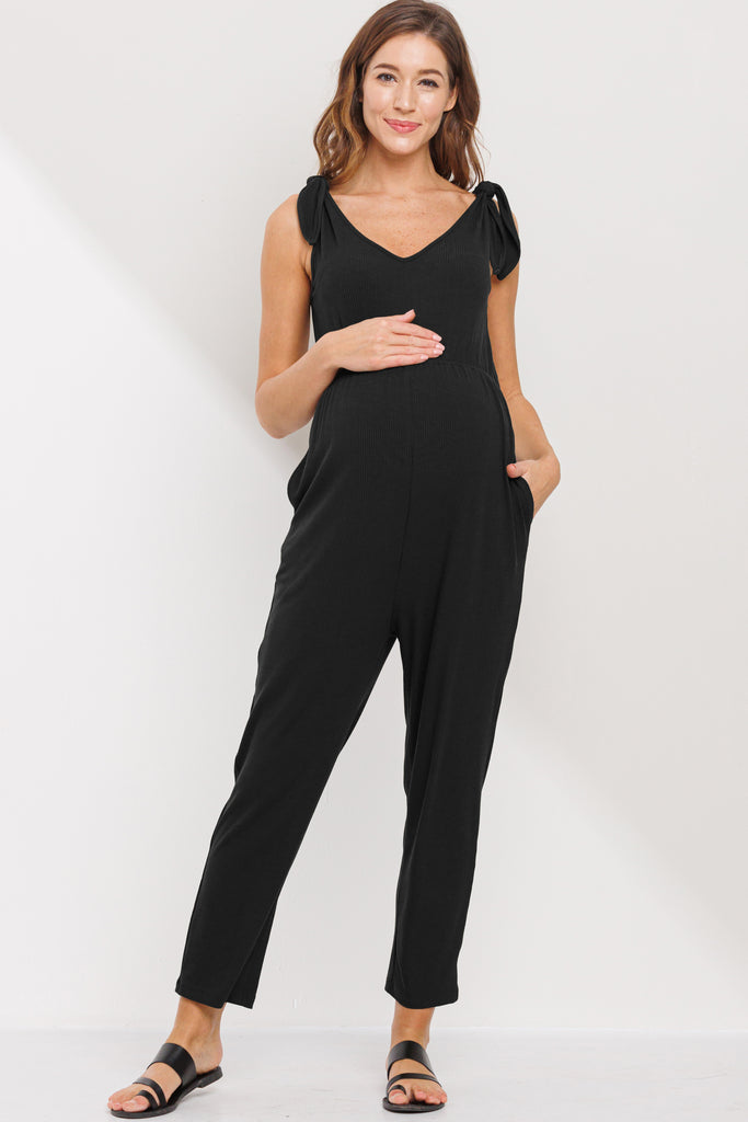 Black Adjustable Tie-Sleeve Maternity Jumpsuit