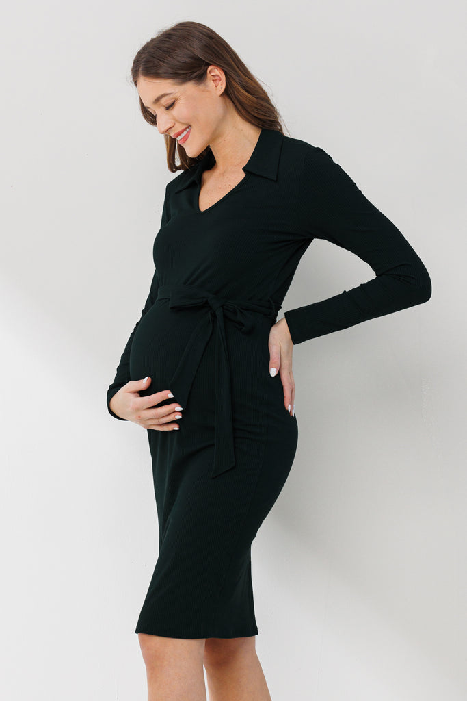 Black Collared V Neck Maternity Dress With Belt