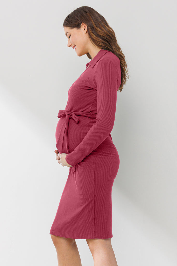 Berrice Collared V Neck Maternity Dress With Belt