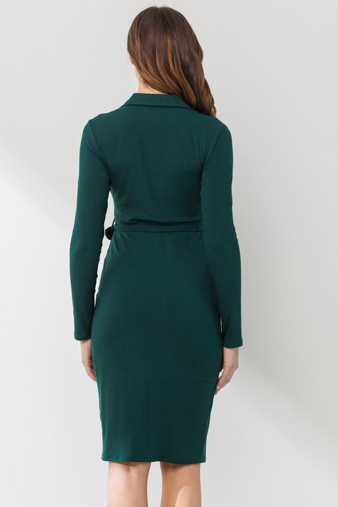 Hunter Green Collared V Neck Maternity Dress With Belt