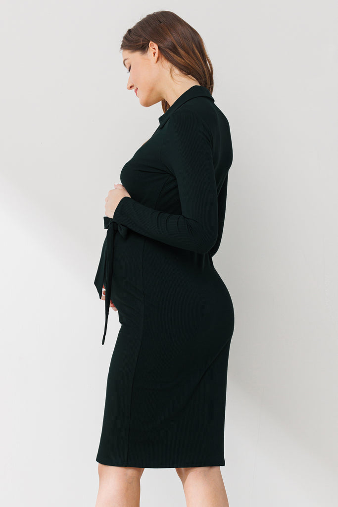 Black Collared V Neck Maternity Dress With Belt