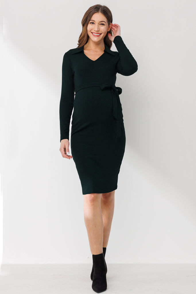 Black Collared V Neck Maternity Dress With Belt