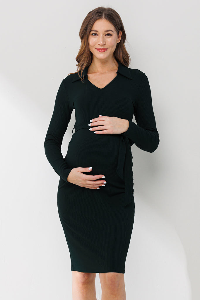 Black Collared V Neck Maternity Dress With Belt