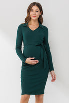 Hunter Green Collared V Neck Maternity Dress With Belt