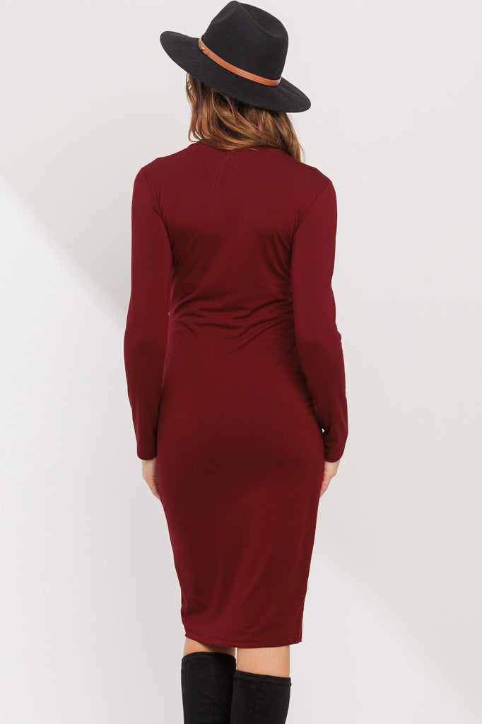 Burgundy Crew Neck Long Sleeve Maternity Dress