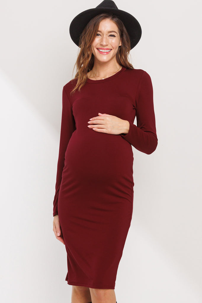 Burgundy Crew Neck Long Sleeve Maternity Dress