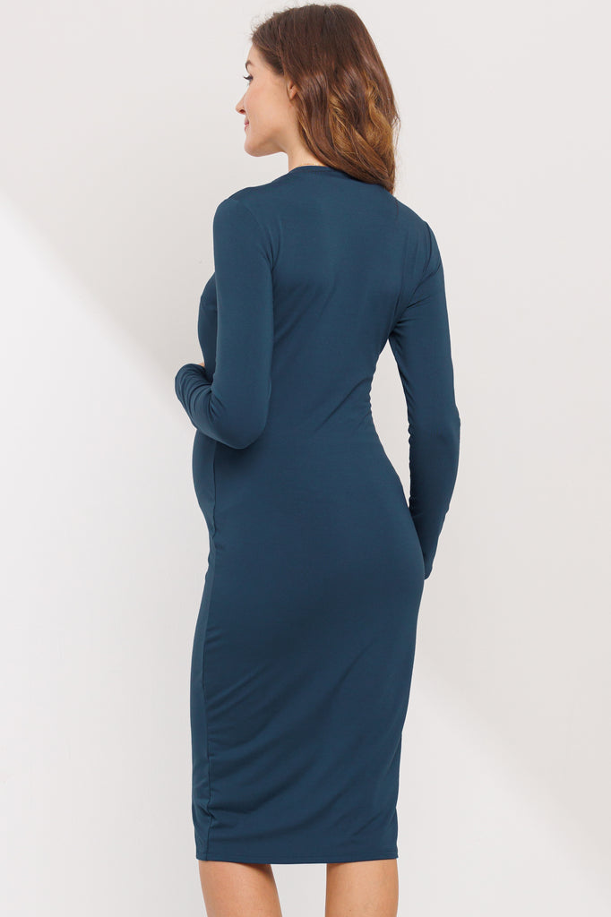 Teal Crew Neck Long Sleeve Maternity Dress