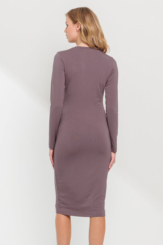 Dark Mauve Crew Neck Long Sleeve Maternity Dress