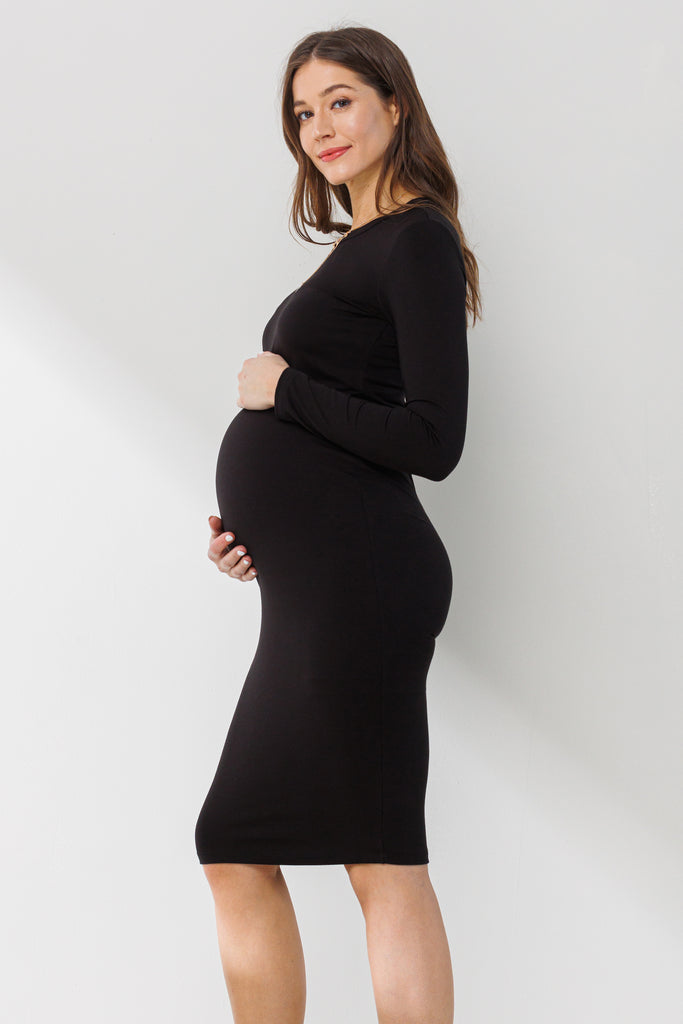 Black Crew Neck Long Sleeve Maternity Dress
