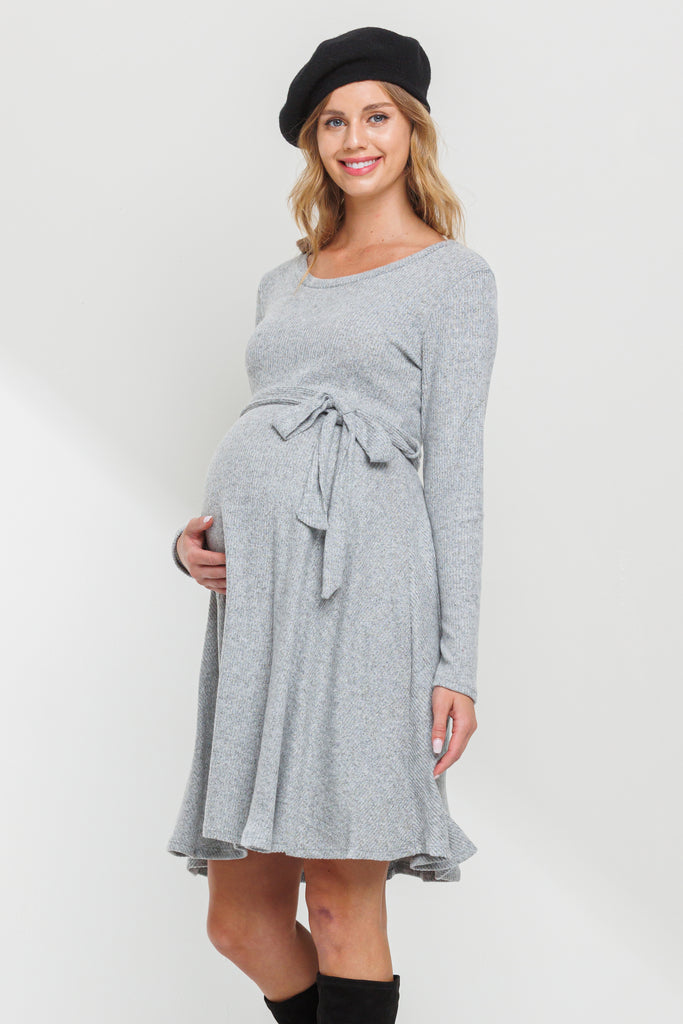 Heather Grey Rib Knit Belted Maternity Skater Dress
