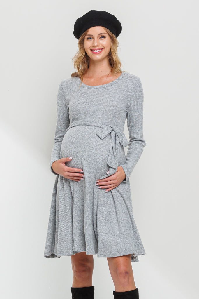 Heather Grey Rib Knit Belted Maternity Skater Dress