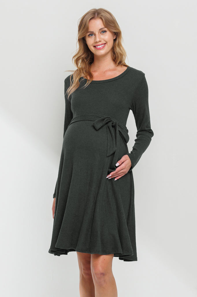 Dark Green Rib Knit Belted Maternity Skater Dress