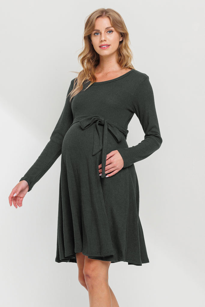 Dark Green Rib Knit Belted Maternity Skater Dress