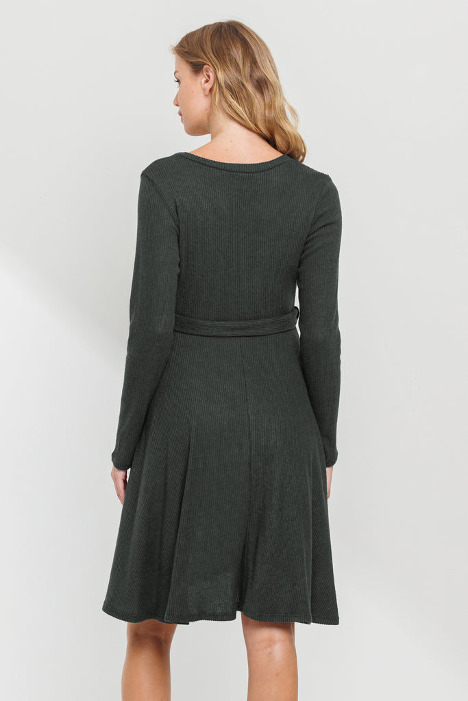 Dark Green Rib Knit Belted Maternity Skater Dress