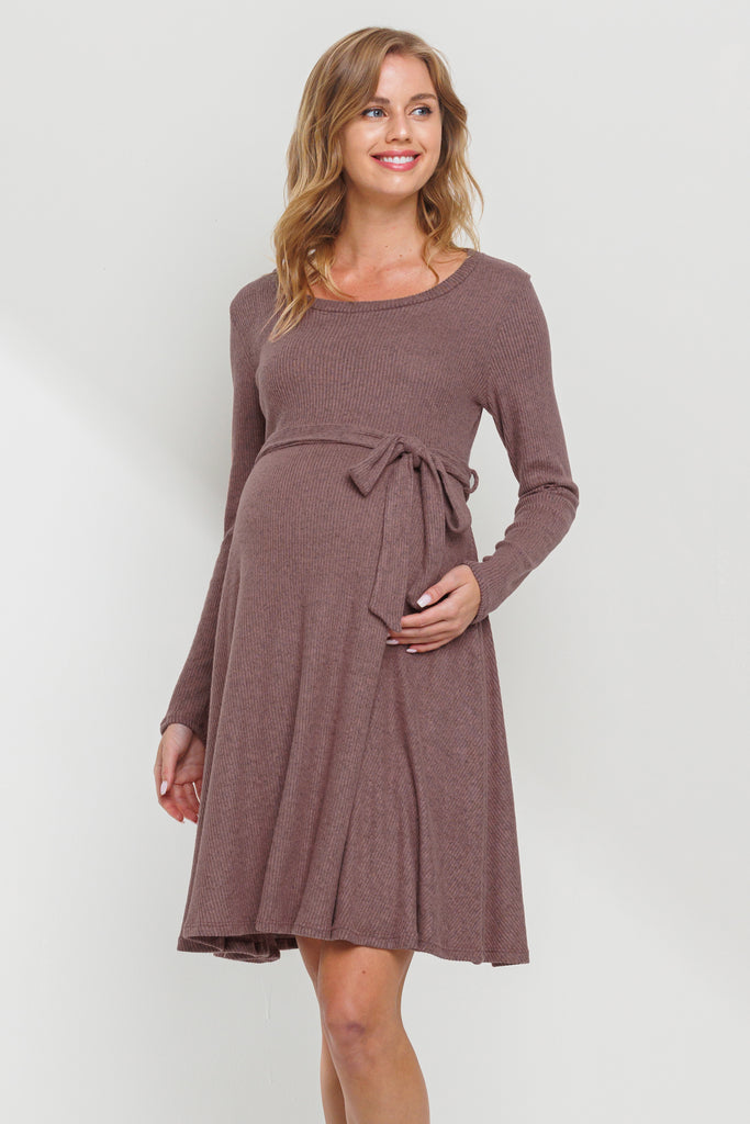 Mauve Rib Knit Belted Maternity Skater Dress