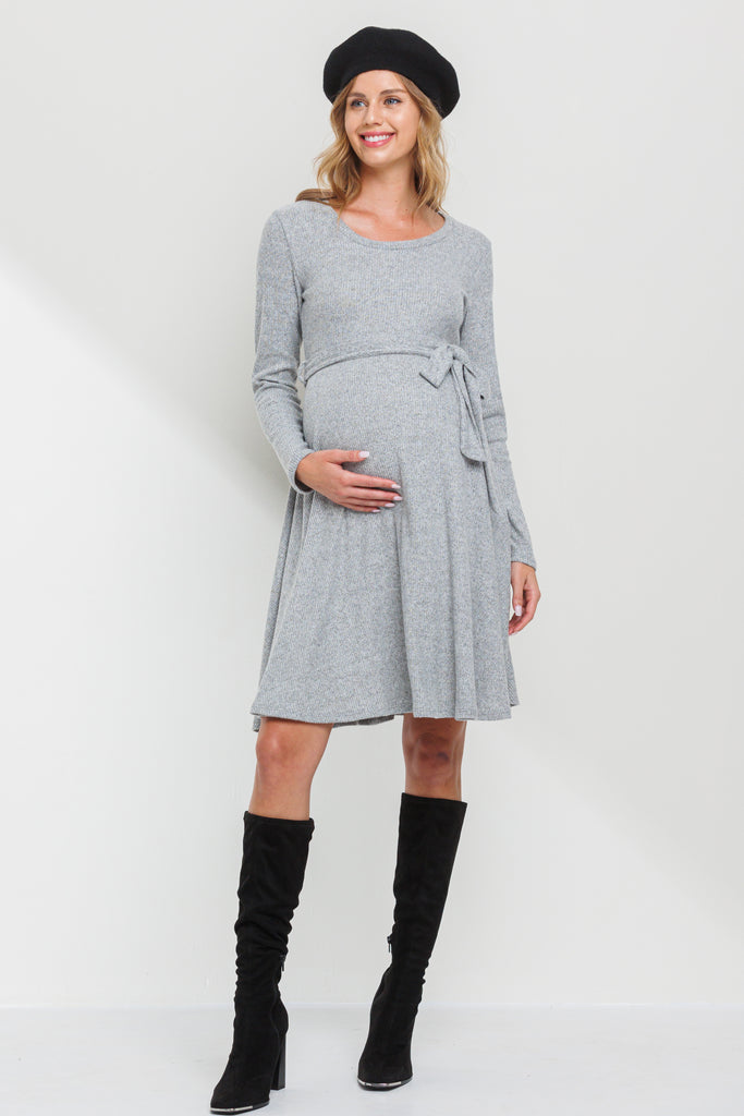 Heather Grey Rib Knit Belted Maternity Skater Dress