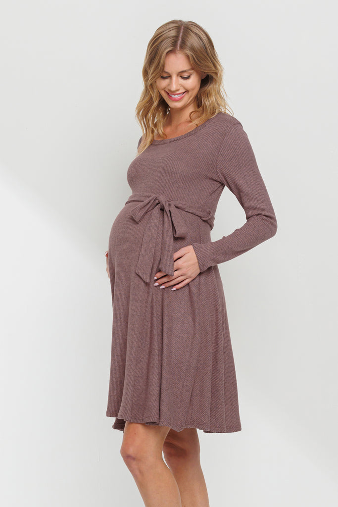 Mauve Rib Knit Belted Maternity Skater Dress