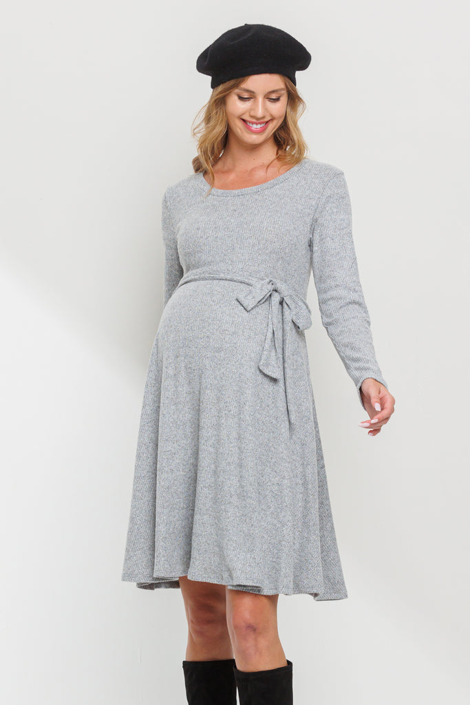 Heather Grey Rib Knit Belted Maternity Skater Dress