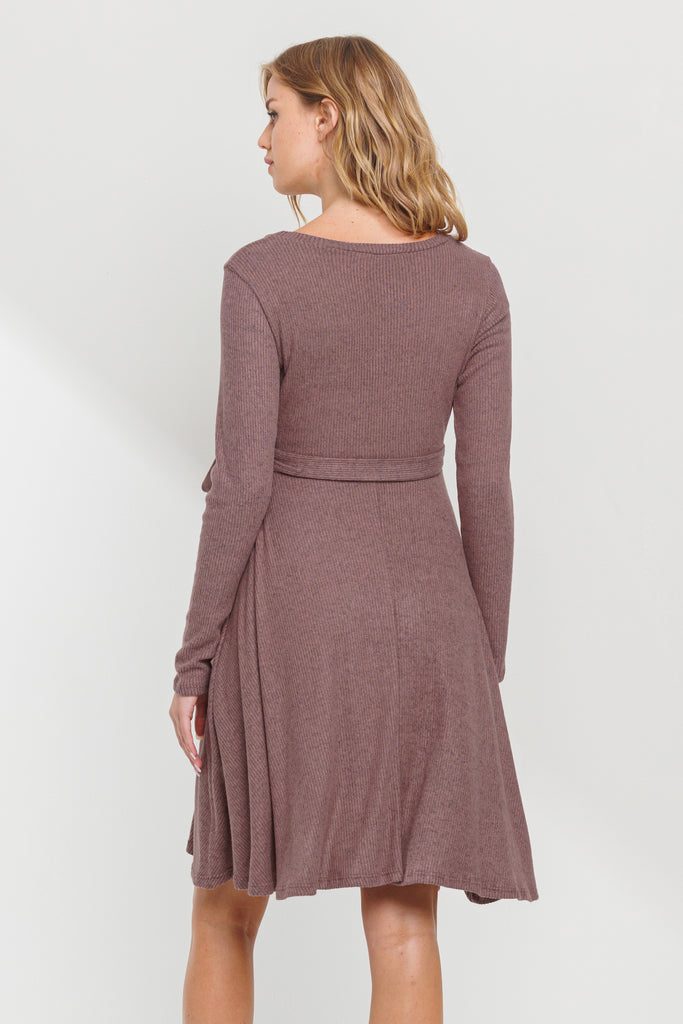 Mauve Rib Knit Belted Maternity Skater Dress