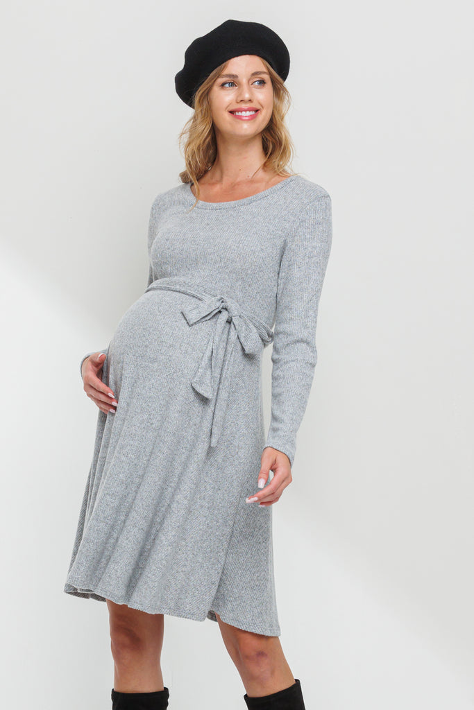 Heather Grey Rib Knit Belted Maternity Skater Dress