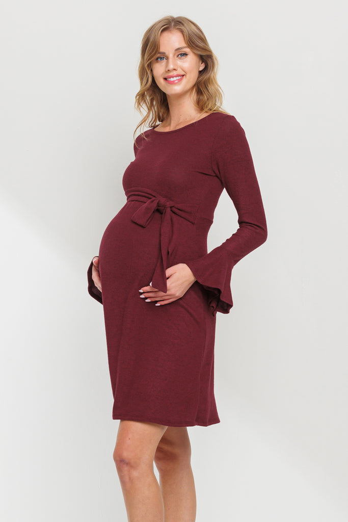 Burgundy Back Keyhole Hacci Bell Sleeve Maternity Dress