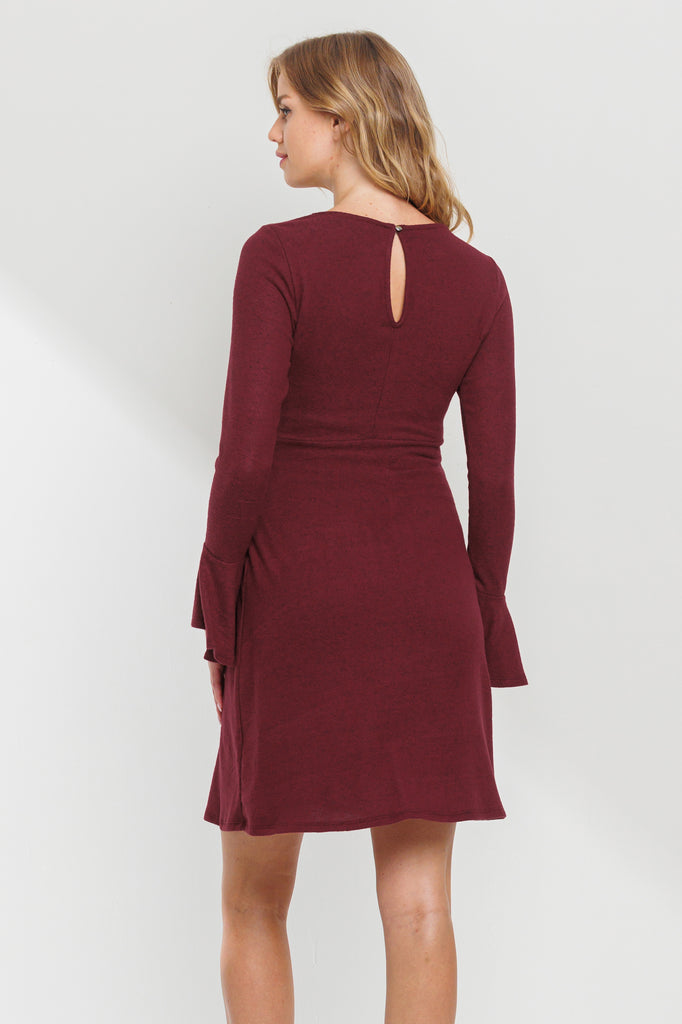 Burgundy Back Keyhole Hacci Bell Sleeve Maternity Dress