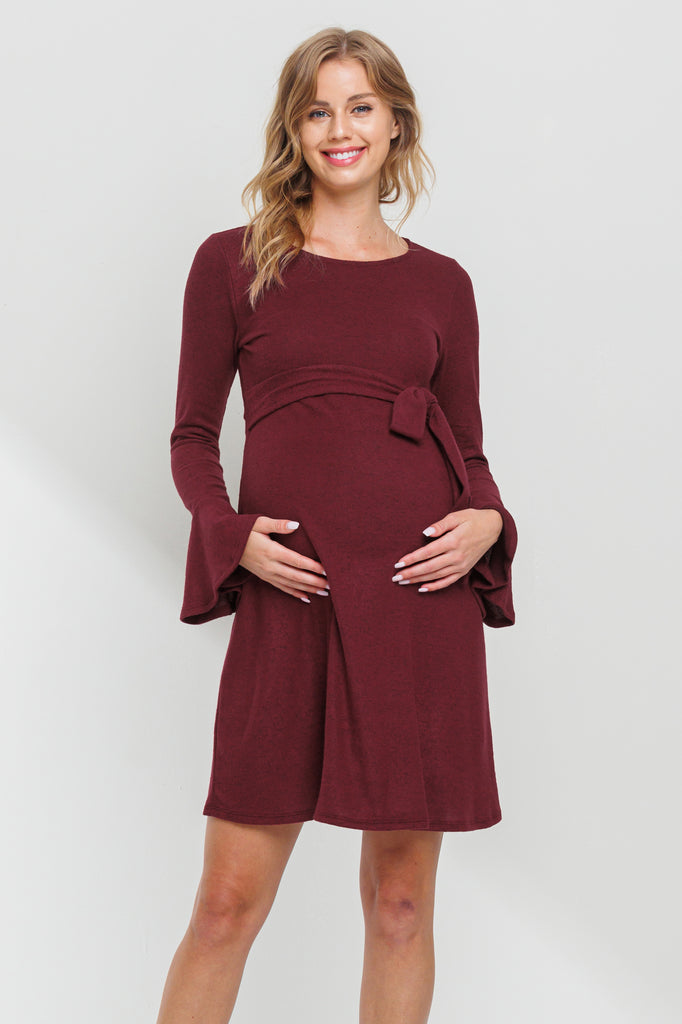 Burgundy Back Keyhole Hacci Bell Sleeve Maternity Dress