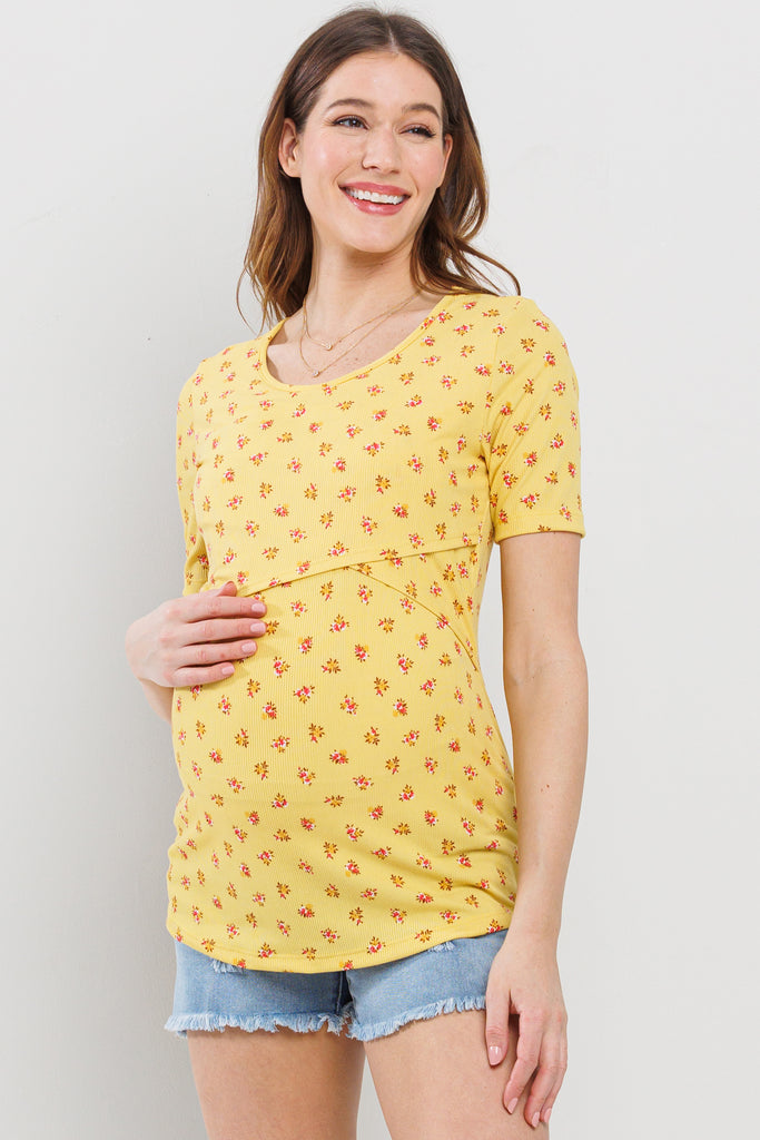 Yellow Floral Ribbed Double Layered Bust Nursing Top
