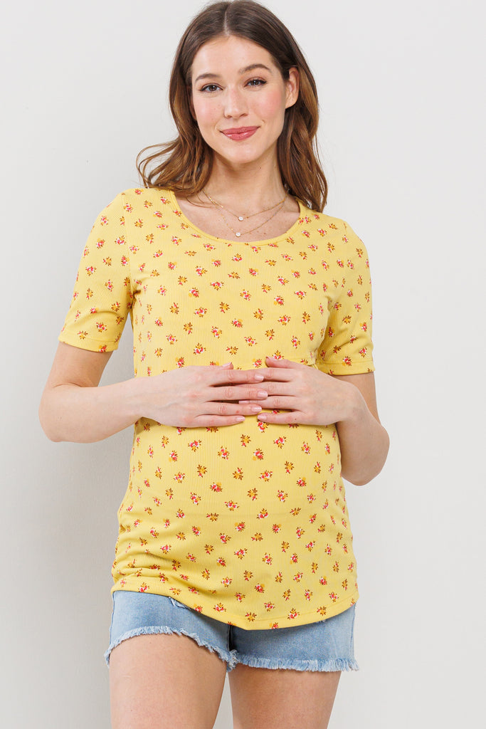 Yellow Floral Ribbed Double Layered Bust Nursing Top