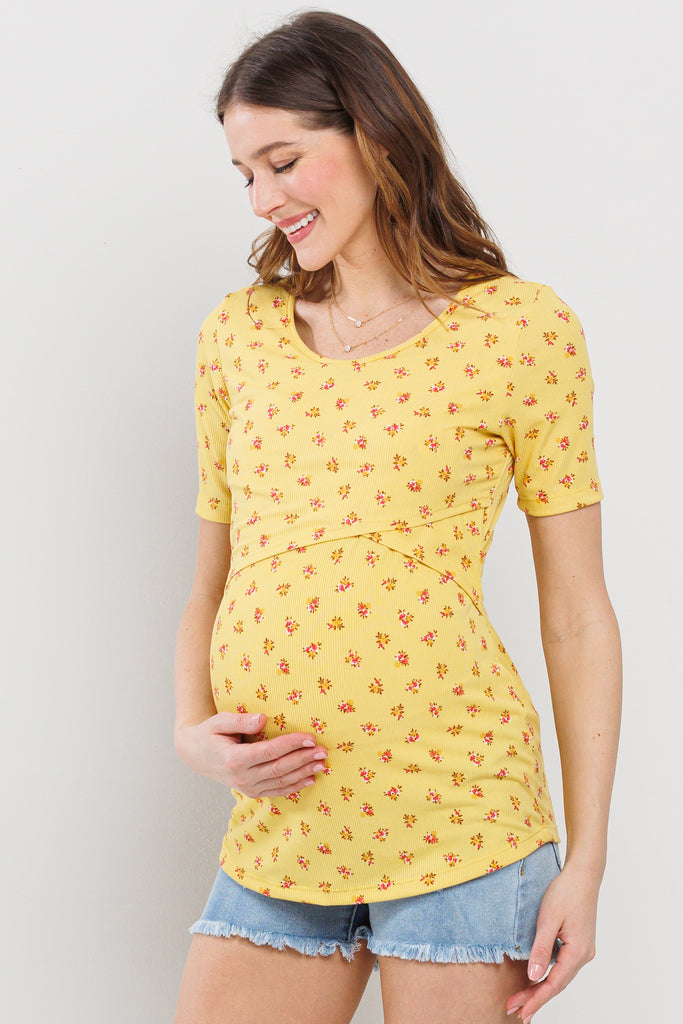 Yellow Floral Ribbed Double Layered Bust Nursing Top
