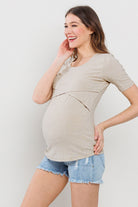 Oatmeal Ribbed Double Layered Bust Nursing Top Side View