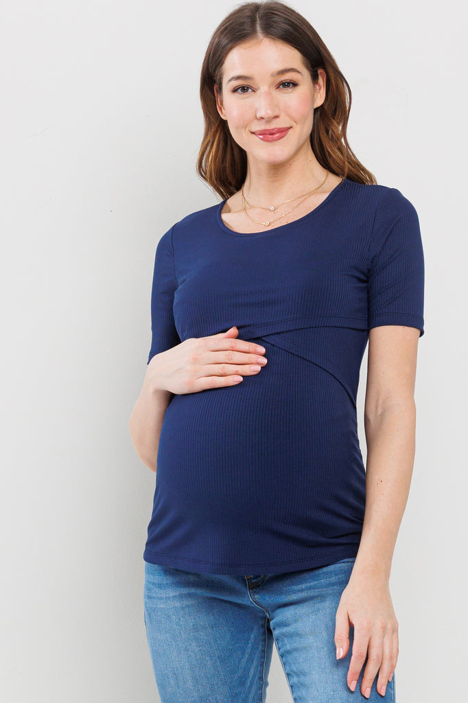 Navy Ribbed Double Layered Bust Nursing Top Front View