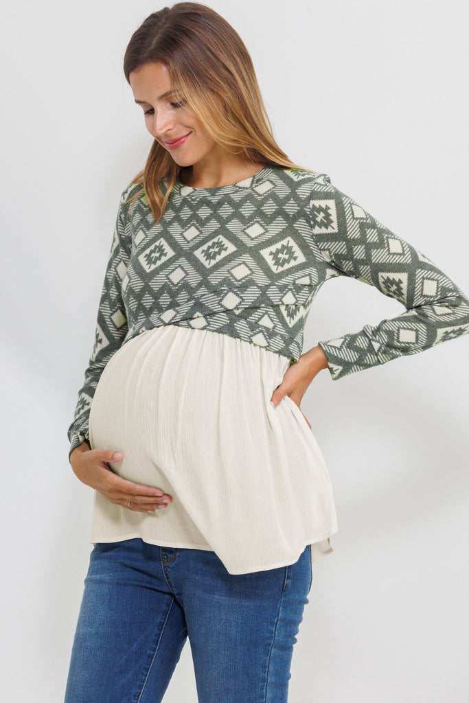 Sage Knit Pattern Color Block Maternity Tunic