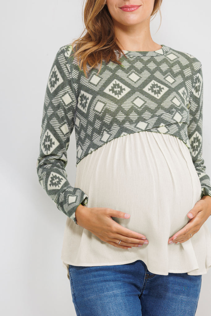 Sage Knit Pattern Color Block Maternity Tunic