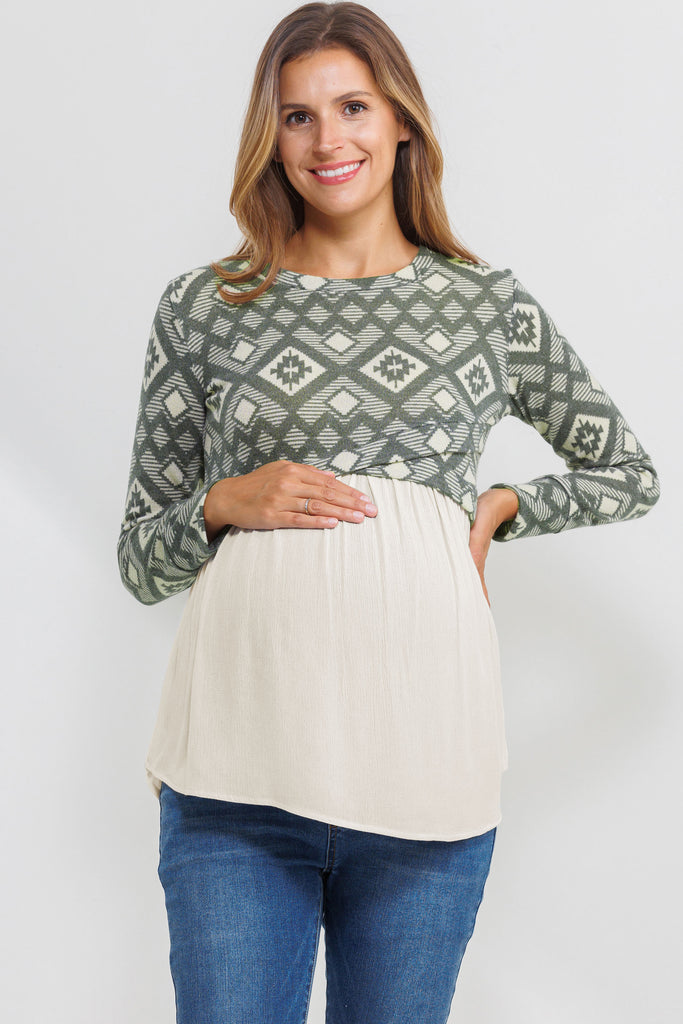 Sage Knit Pattern Color Block Maternity Tunic