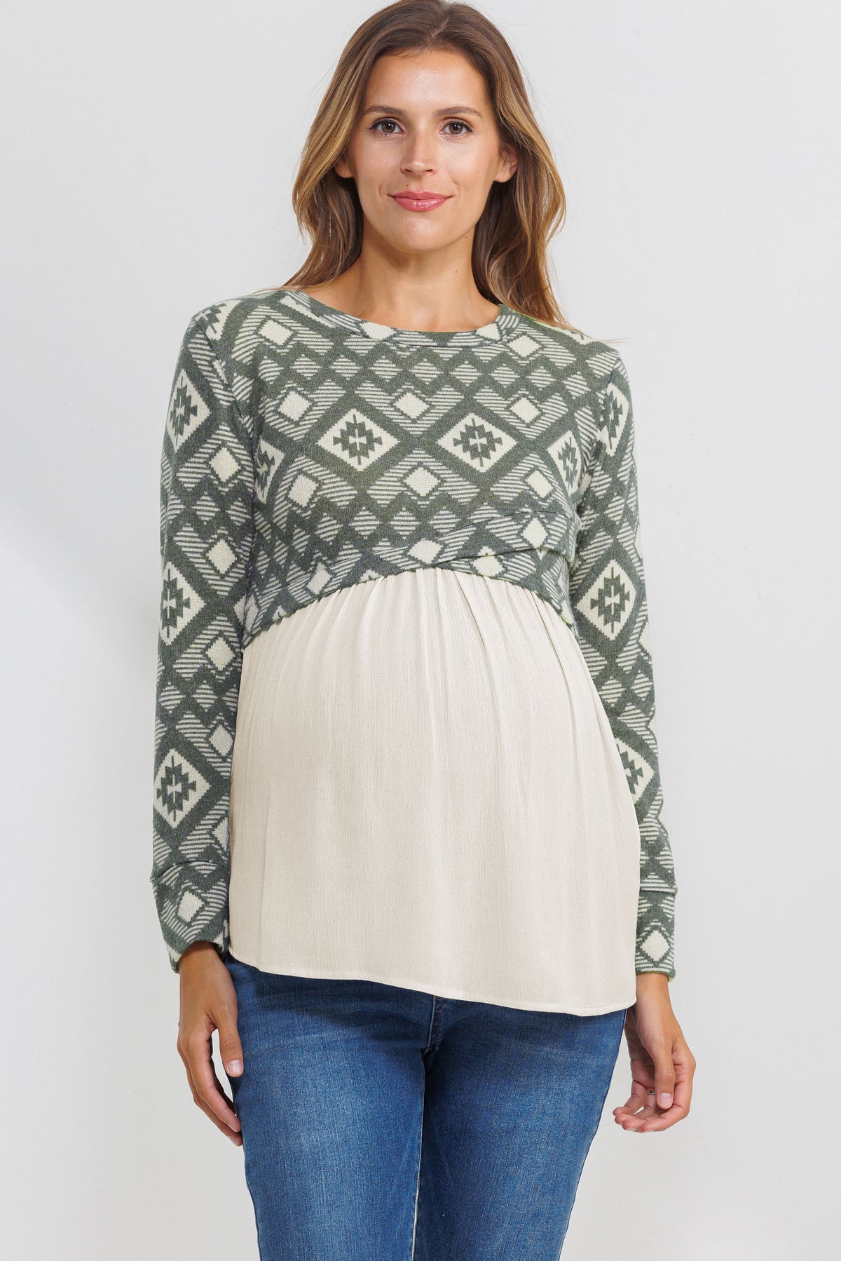 Sage Knit Pattern Color Block Maternity Tunic