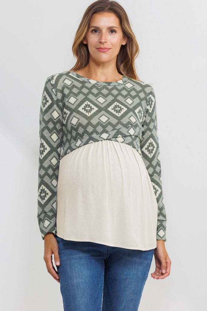 Sage Knit Pattern Color Block Maternity Tunic