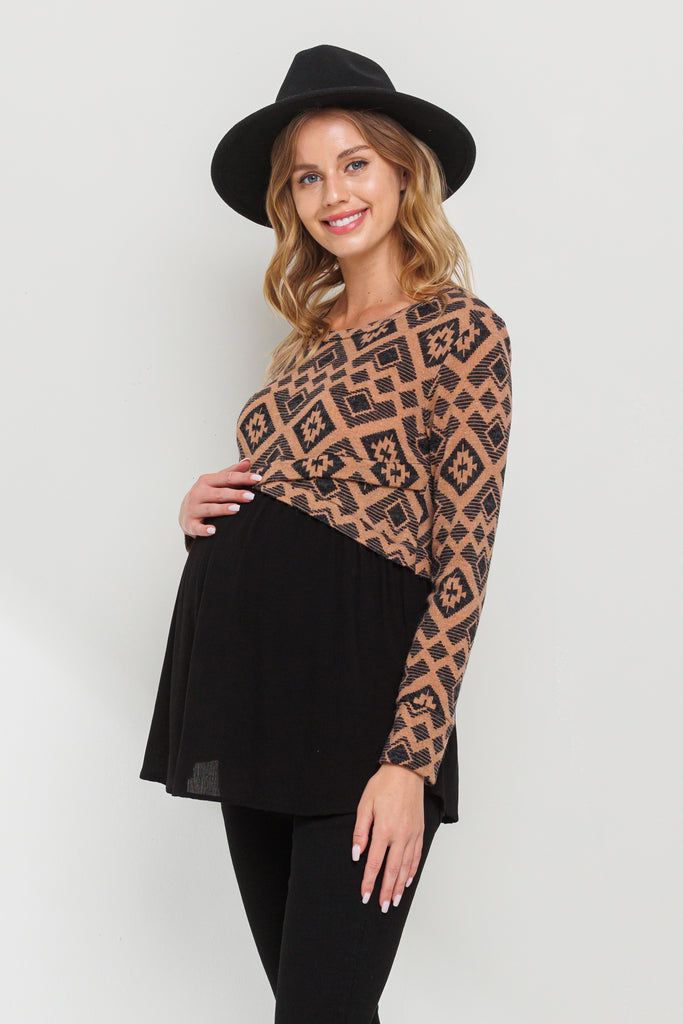 Camel Knit Pattern Color Block Maternity Tunic