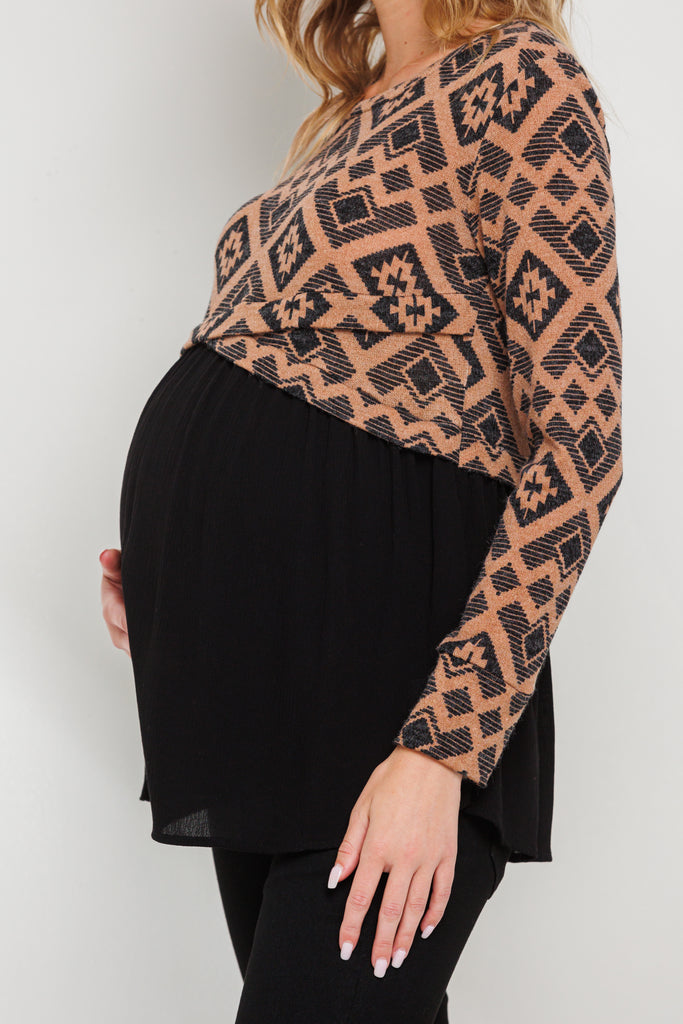Camel Knit Pattern Color Block Maternity Tunic