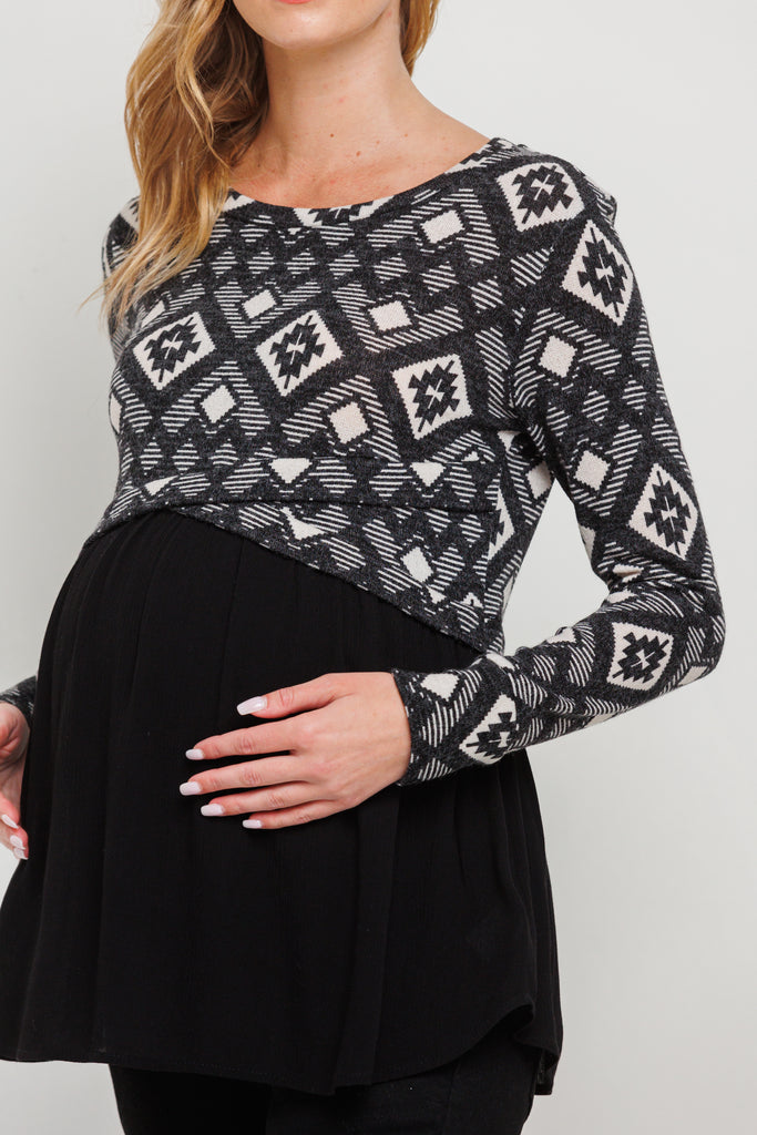 Black Knit Pattern Color Block Maternity Tunic