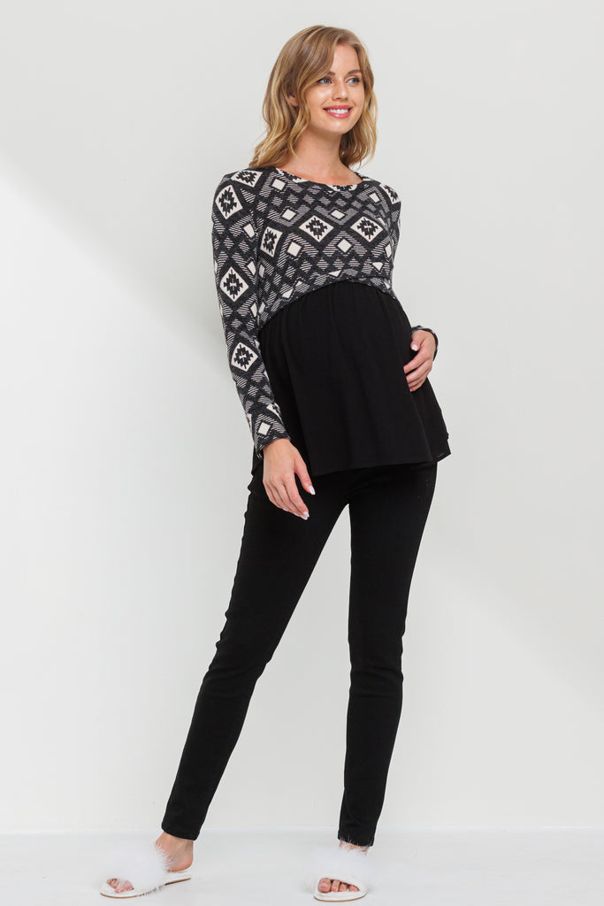 Black Knit Pattern Color Block Maternity Tunic