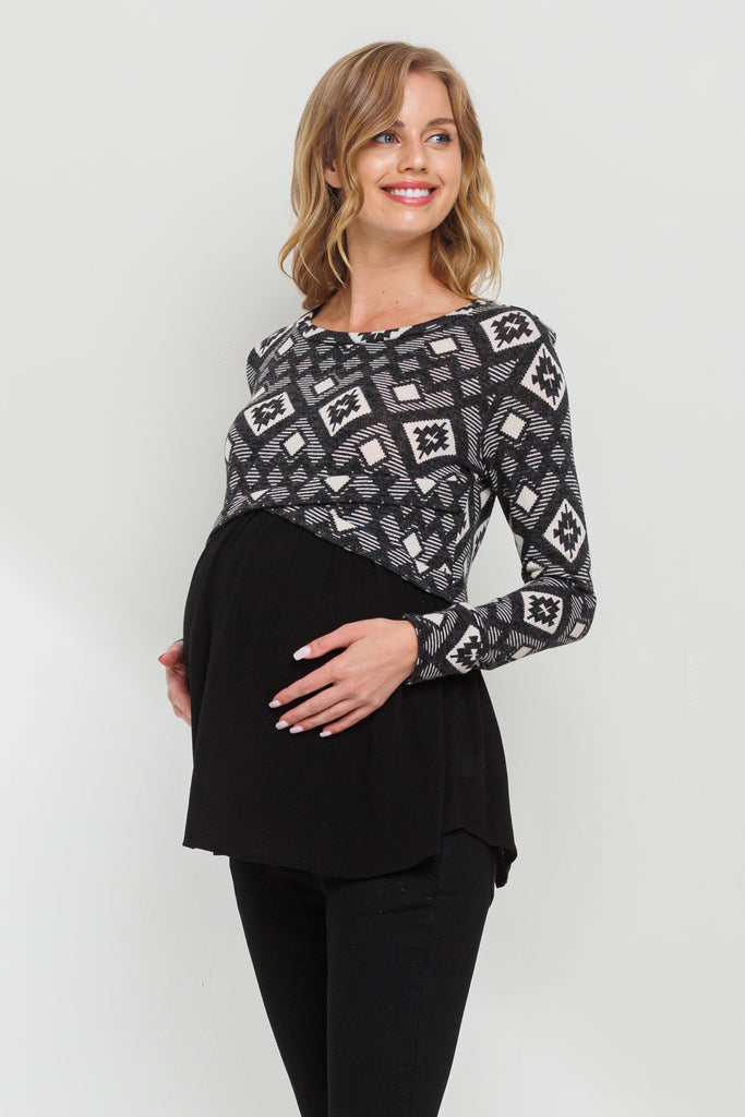 Black Knit Pattern Color Block Maternity Tunic