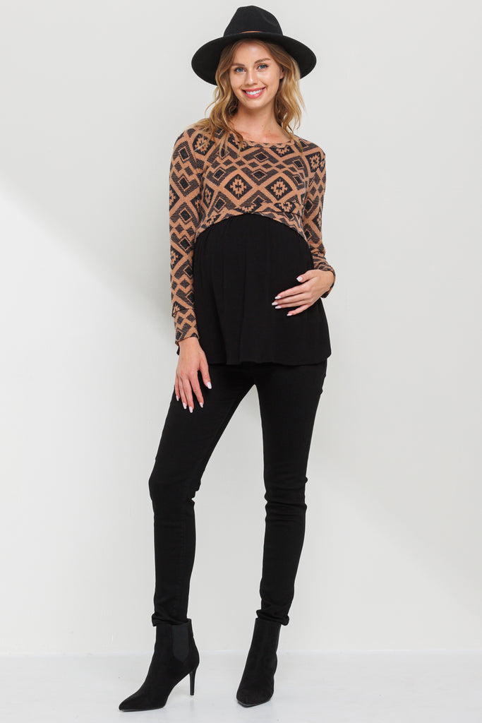 Camel Knit Pattern Color Block Maternity Tunic