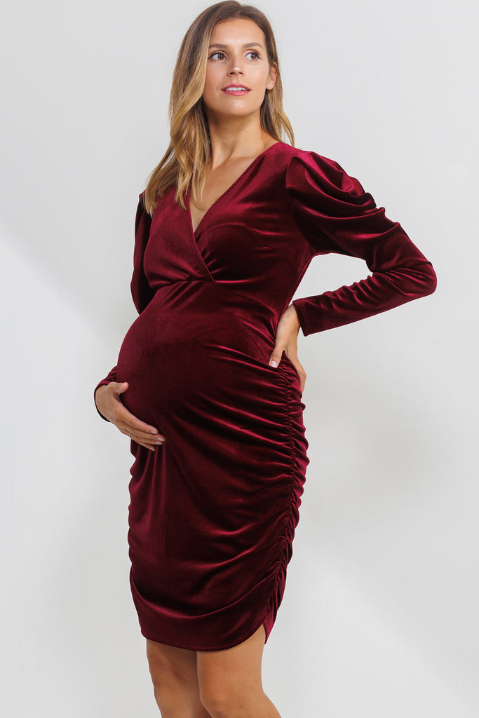 Burgundy Velvet Puff Sleeve Maternity Dress W/Ruched Sides