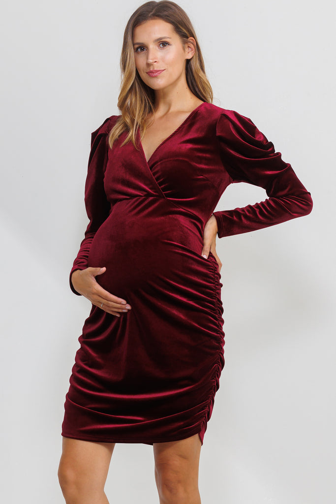 Burgundy Velvet Puff Sleeve Maternity Dress W/Ruched Sides